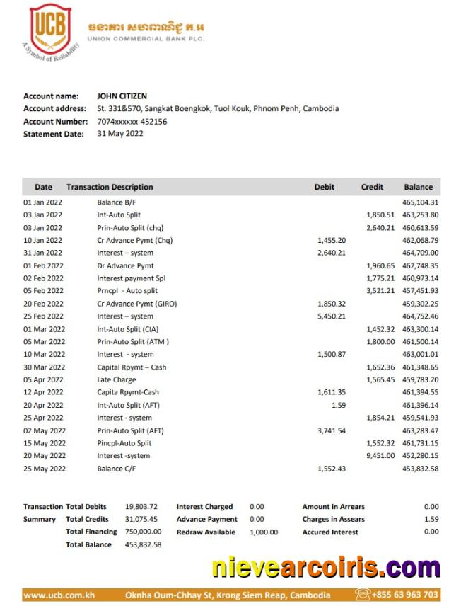 Cambodia Union Commercial bank statement